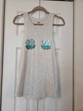 St Patty's PINK Victoria's Secret Light Gray Scoop Neck Tank - Four Leaf Clovers